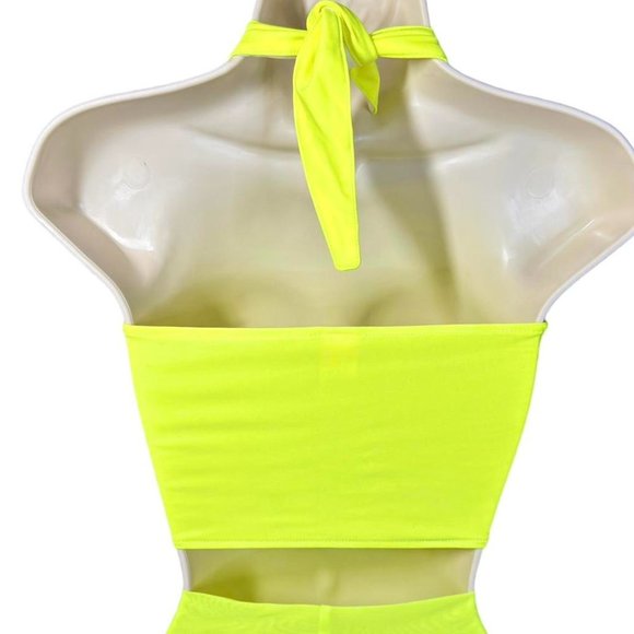 RARE discontinued J Valentine Neon Yellow cage cropped halter tie top - Picture 3 of 7